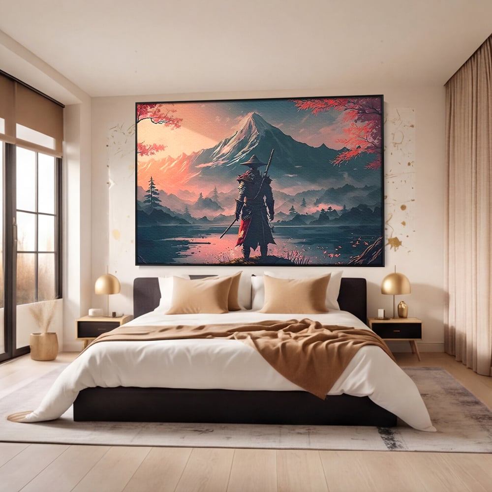 Tablou canvas cu samurai cu sabie pe malul lacului, in rama de aluminiu negru, pe perete intr-un dormitor